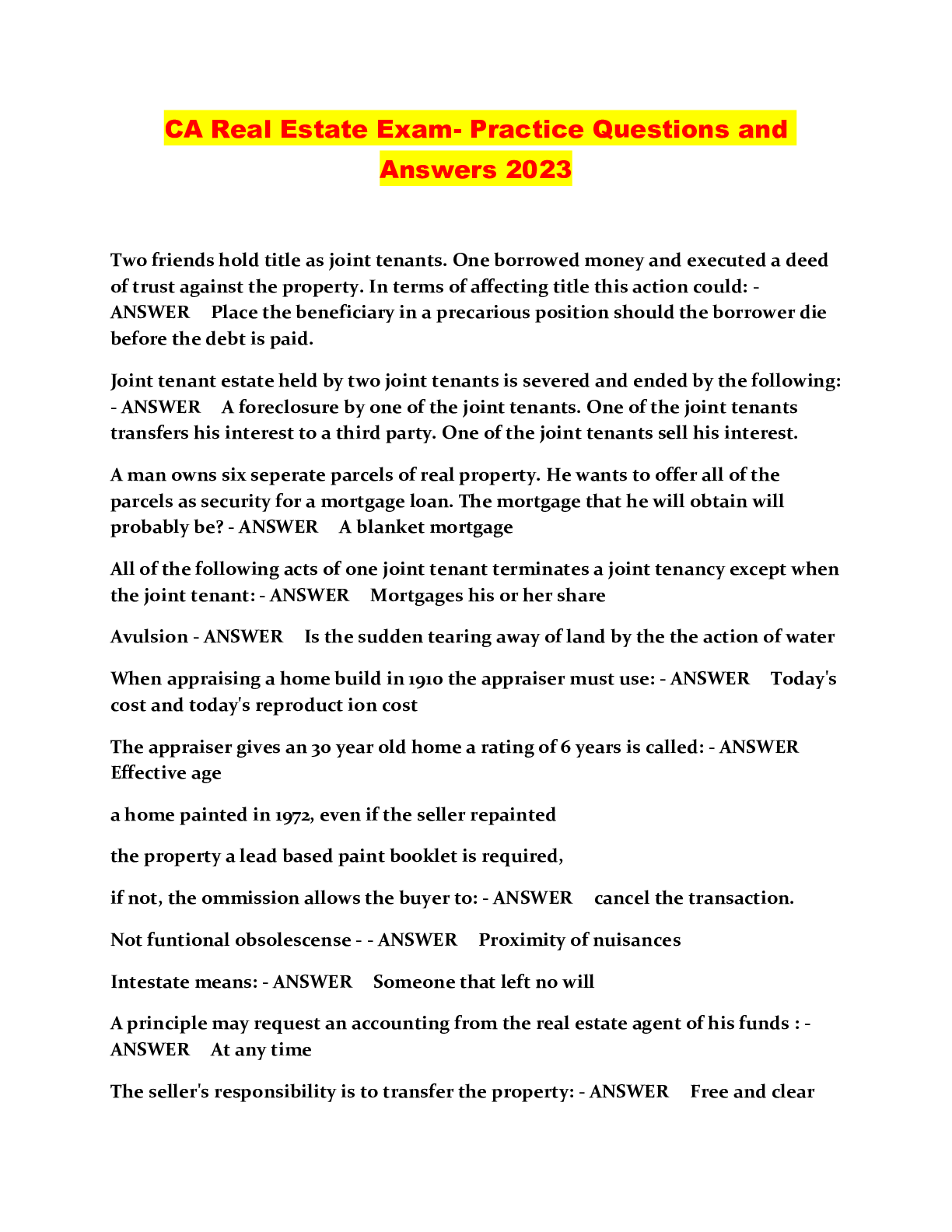 Preview image for CA Real Estate Exam- Practice Questions and Answers 2023